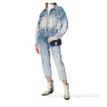 Womens Rhinestone Jean Jacket Dua Potongan Set Pakaian